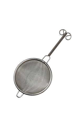 Metal mesh strainer with handle on a white background