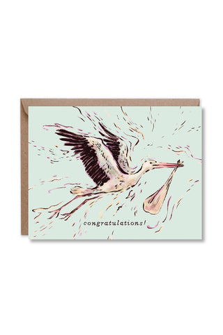 greeting card with illustration of stork holding cloth that says congratulations!