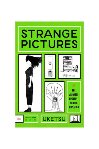 Book cover for 'Strange Pictures' by Kenji Uketsu, featuring a bright green background with black text and minimalist black-and-white illustrations.