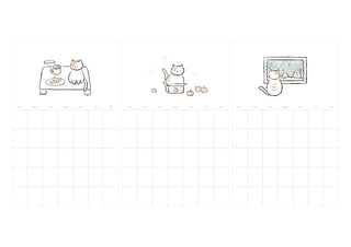 Three cat monthly plan sticker sheets with cat at table, baking, and framed art