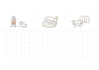 Three monthly plan sticker sheets with cat character drawings on grid