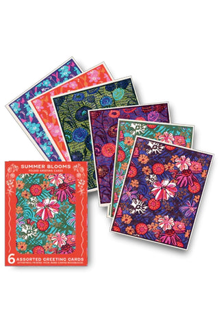 Set of colorful floral greeting cards with a 'Summer Blooms' box on a white background