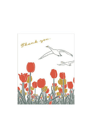Greeting card with red tulips, birds, and 'Thank you' text on a white background