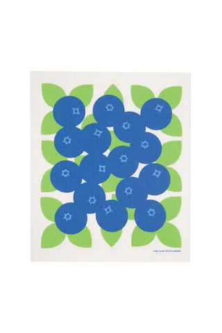 Swedish dishcloth with print of blueberries with green leaves on a white background