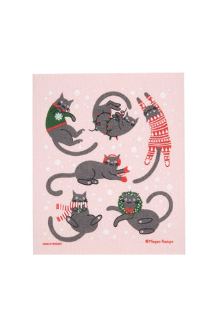 Swedish dishcloth with print of Christmas-themed cat with various designs on a pink background.