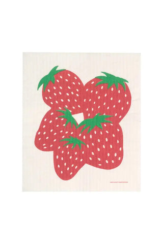 Swedish dishcloth with illustration of strawberries with a white background