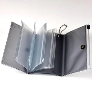 Opened black holographic 5 pocket pouch with pockets fanned out on a white background