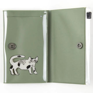 Halfway opened Green cat design 5 pocket pouch on a white background