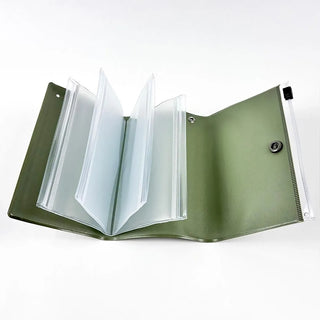 Fanned out green cat design 5 pocket pouch on a white background