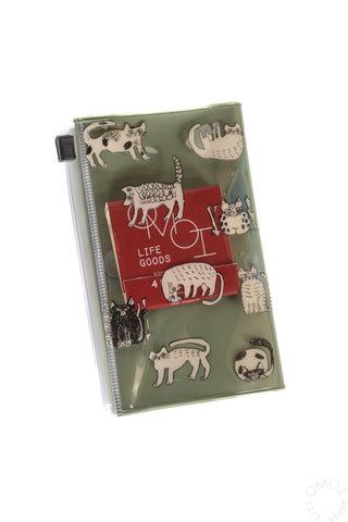 Green cat design 5 pocket pouch with matches inside zipper pocket on a white background