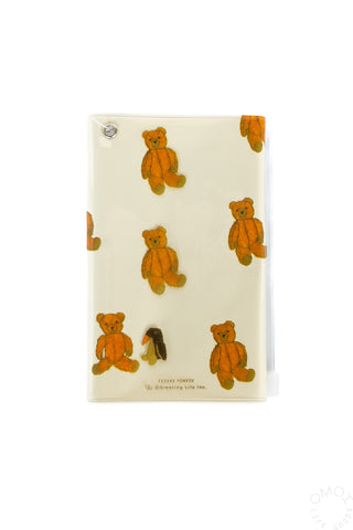 Back of brown bear pattern 5 pocket pouch with bird design on a white background