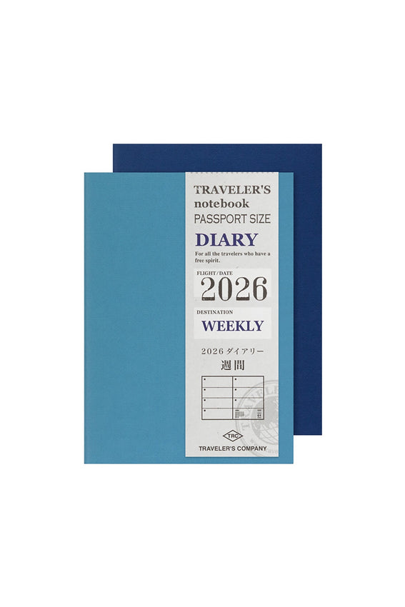 Blue traveler's notebook 2026 weekly diary cover on a white background