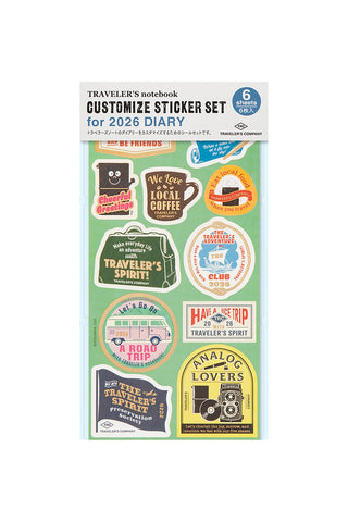 Pack of travel-themed stickers for a 2026 diary on a white background