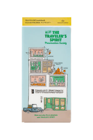 Traveler's file folder cover with colorful illustrations and text on a white background