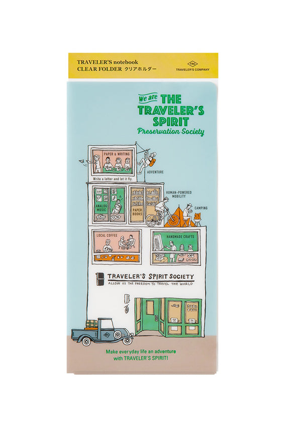 Traveler's file folder cover with colorful illustrations and text on a white background