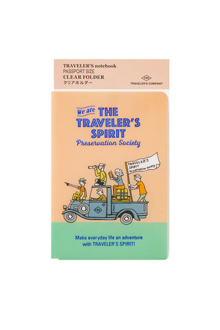 Traveler's passport file folder with cartoon design about The Preservation Society on a white background