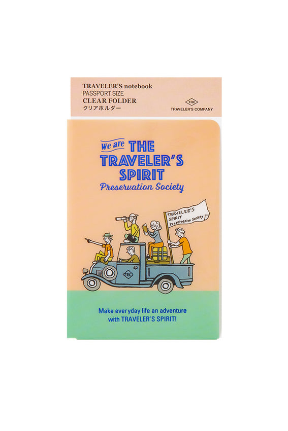 Traveler's passport file folder with cartoon design about The Preservation Society on a white background