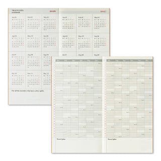 Calendar and travel planner with monthly and weekly layouts on a white background