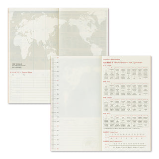 Two  opened pages of a notebook with a world map and travel plan on a white background