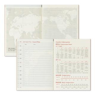 Open book with travel plan and conversion chart pages on a white background