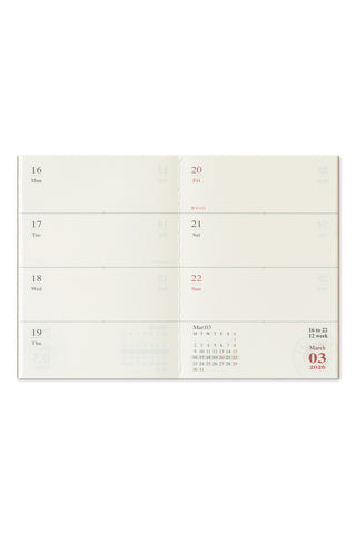 Weekly calendar with cream pages on a white background