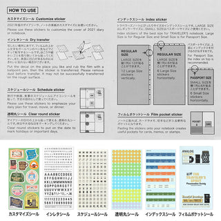 Instructions for using customizable stickers on a 2026 diary cover, including size guides and examples.