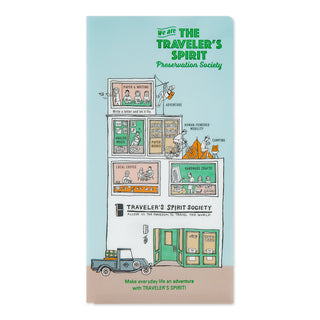 File folder with illustrations and text about 'The Traveler's Spirit Preservation Society' on a light blue background.