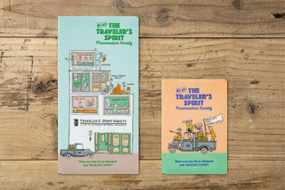 Two file folders with illustrations and text on a wooden surface for size comparison