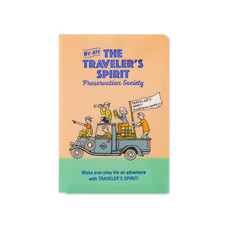 File folder with illustration of a truck and people, and text about 'The Traveler's Spirit Preservation Society' on a peach and green background.