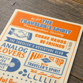 Vintage-style penci board for 'The Traveler's Spirit Preservation Society' on a wooden surface