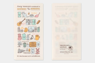 Traveler's notebook clear folder back with brand logo and printed text