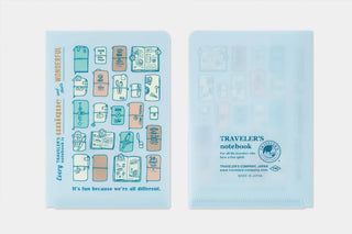 Passport clear folder, pale blue reverse side with centered Traveler’s Company logo