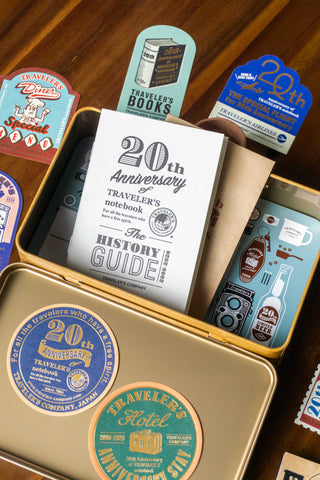 Traveler's Company products with 20th Anniversary branding on a wooden surface.