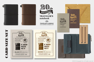 Collection of Traveler's Company products including notebooks, card holders, and leather cases on a white background.