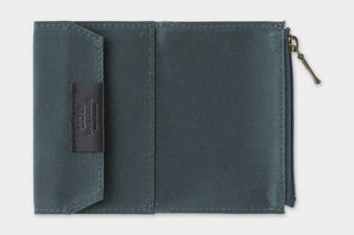 Blue fabric pouch with a zipper on a white background