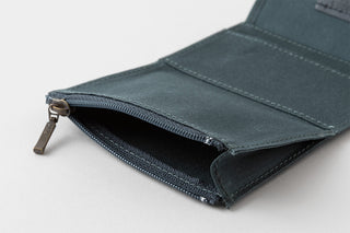 Blue wallet with a zipper on a light gray background
