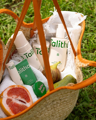 Talitha Koum Lipcure Balm set in tote bag with multiple balm jars
