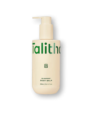 Beige body balm bottle with white pump and green label