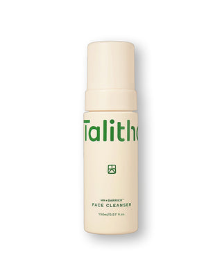 Beige face cleanser bottle with pump top and green label, 150ml
