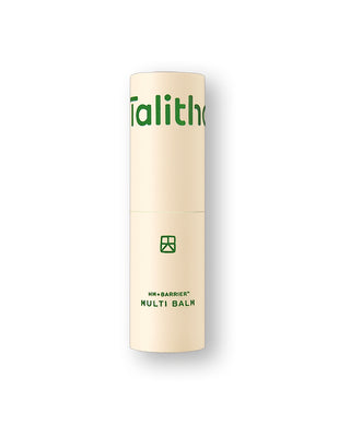 Multi balm stick in beige tube with green logo and label, closed cap top