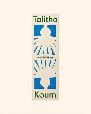 Face cleanser box with Talitha Koum branding and blue icon graphics