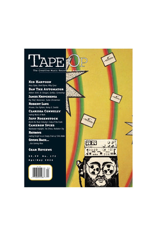 Cover of 'Tape Op' magazine with colorful design and text on a white background