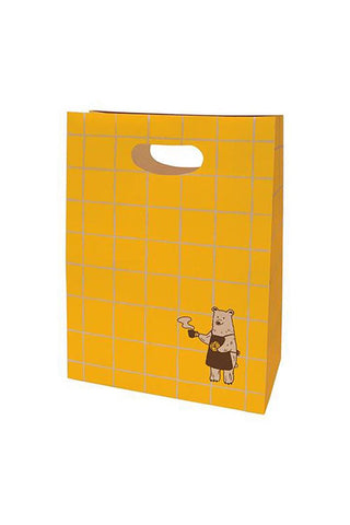 Yellow checkered kraft bag with a bear illustration on a white background