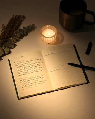 Open A6 diary pages with handwritten notes and lines for daily planning