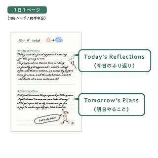 A6 diary open pages with “Today’s Reflections” and “Tomorrow’s Plans” sections