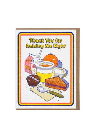 Greeting card with school lunch illustration and text "Thank you for raising me right"