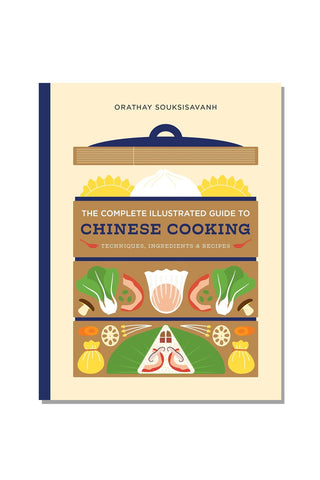 Book cover of 'The Complete Illustrated Guide to Chinese Cooking' with illustrations of food on a beige background.
