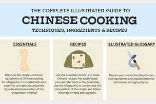 Illustrated guide to Chinese cooking with sections on essentials, recipes, and glossary.