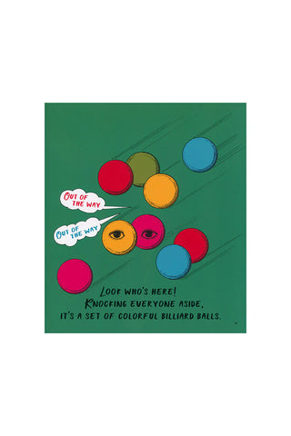 Colorful billiard balls with text on a green background