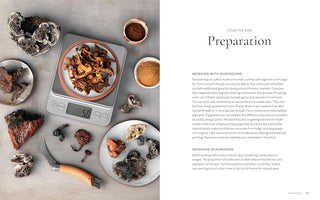 Mushroom preparation with a digital scale and ingredients on a gray surface, accompanied by text on the right.